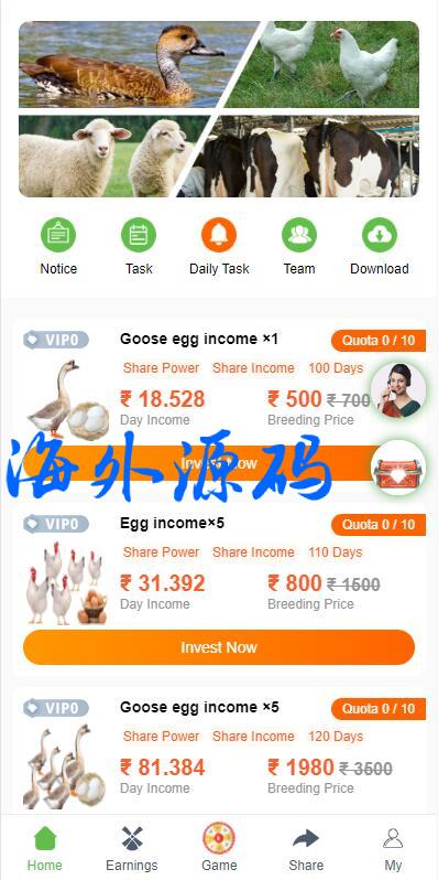 完美版海外投资理财系统/养鸭养牛投资/裂变任务推广/注册奖励每日任务